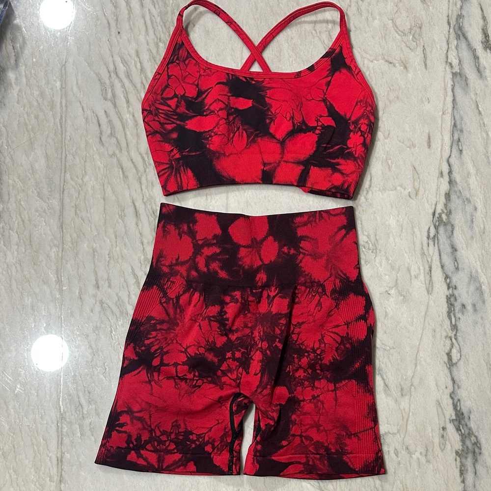 Red and Black Tie-Dye Sports Bra and Leggings Biker Short Set